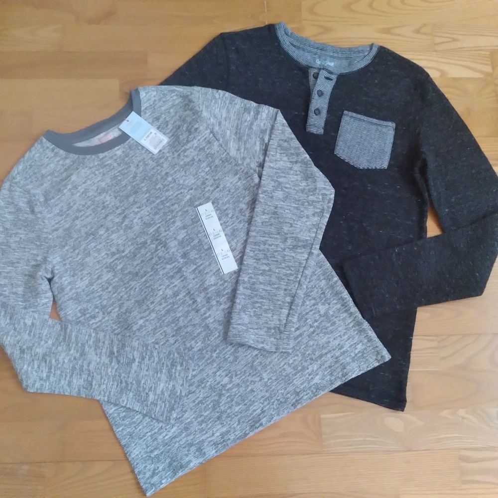 Cat & Jack Long Sleeve Henley Crew Neck Tee Shirt Bundle Gray Black Boys 12/14